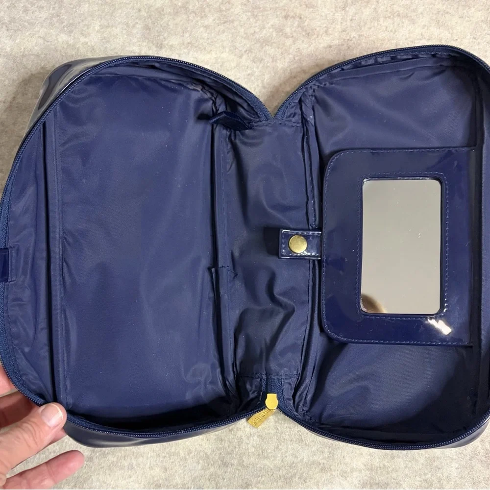 Estée Lauder Make Up Travel Bag Navy Blue Tan Rim‎ Zipper Mirror 10x5x2.5”
